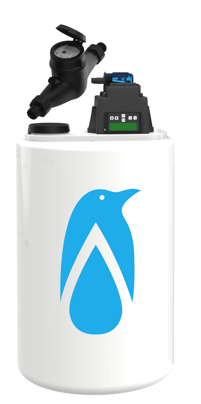 A Penguin chemical storage tank and Stenner chemical pump. This picture is a link to our iron and sulfur removal systems page.