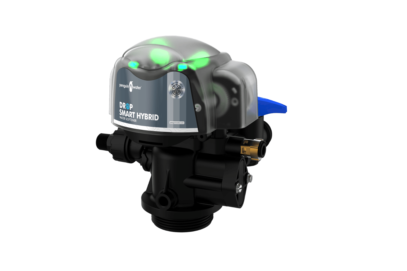 Penguin DROP Hybrid Leak Prevention Water Softener control valve, side view